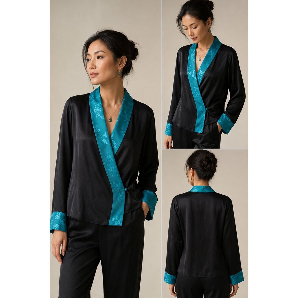DreamSacks 100% Silk Wrap Blouse Women’s Size M Black Turquoise Floral Kimono